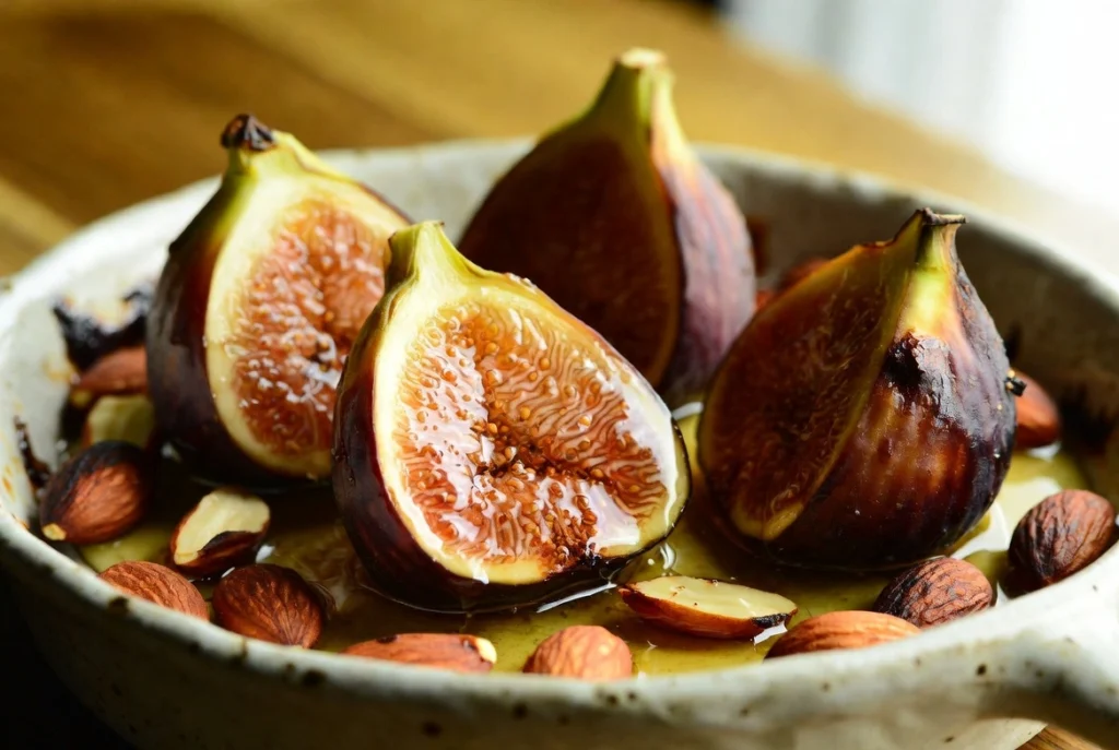 Figues fraîches rôties au miel et amandes dorées dans un plat rustique