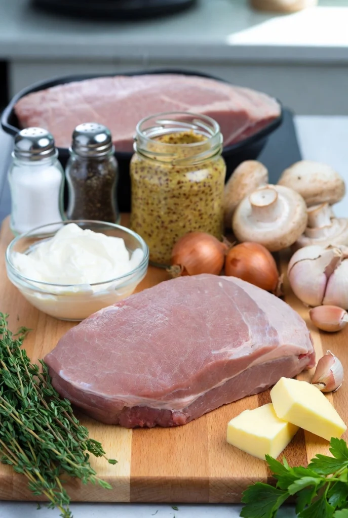Ingrédients frais pour recette filet mignon de porc à la crème de moutarde