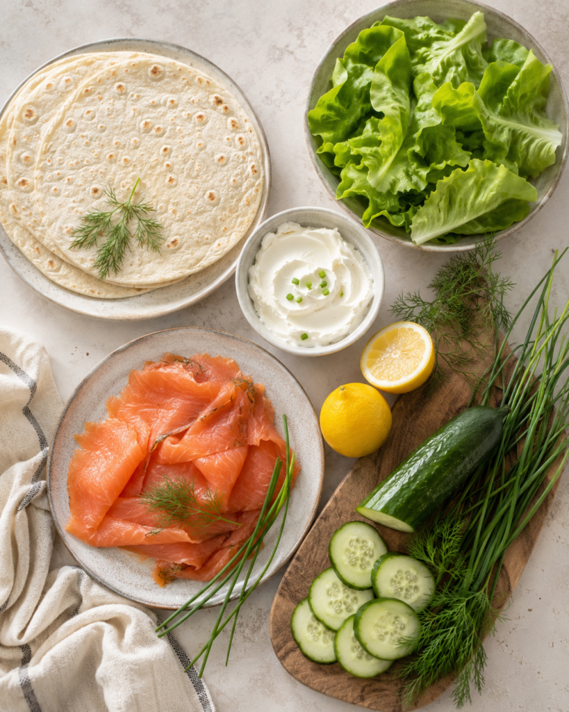 Ingrédients pour wraps saumon fumé avec fromage frais concombre citron et herbes
