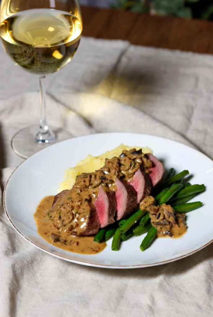 Assiette de filet mignon à la crème de moutarde servi avec purée et légumes