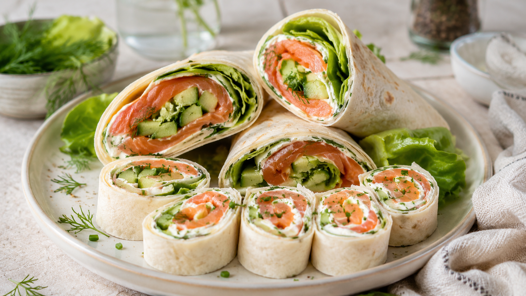 Wraps au fromage frais, concombre et saumon fumé