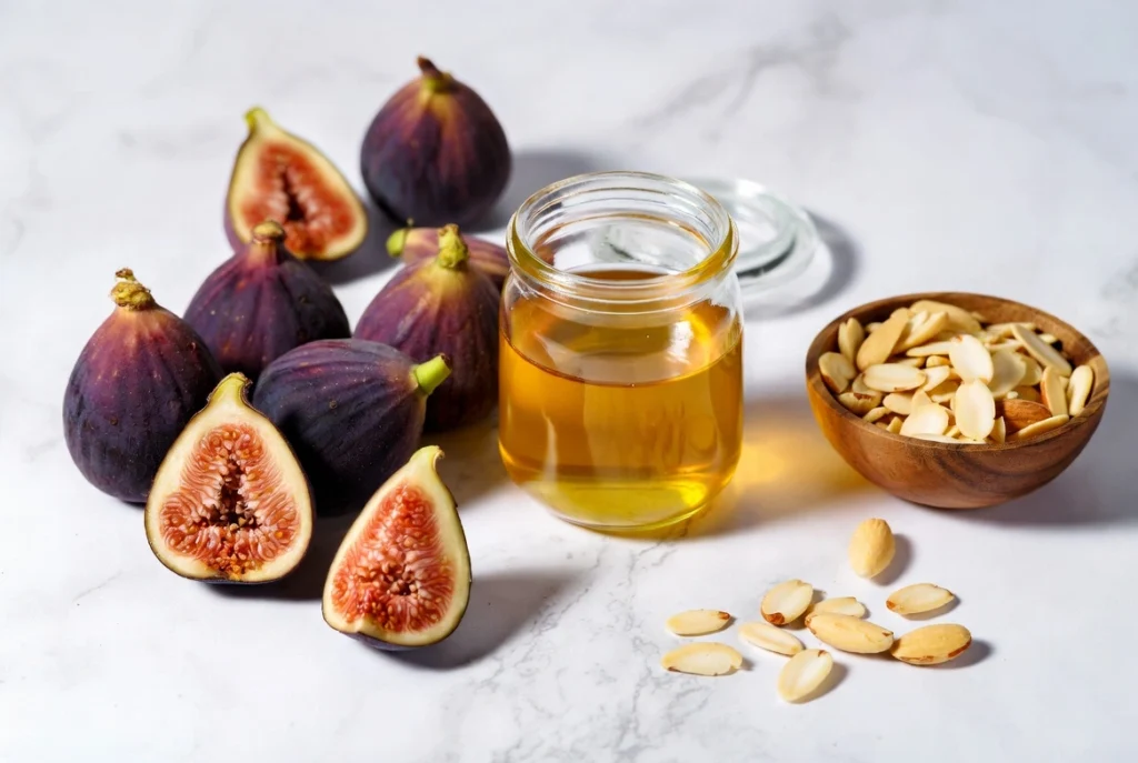 Figues fraîches, miel et amandes effilées sur plan de travail