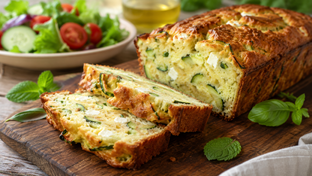 Cake salé courgette feta été moelleux avec herbes fraîches et tranches prêtes à servir