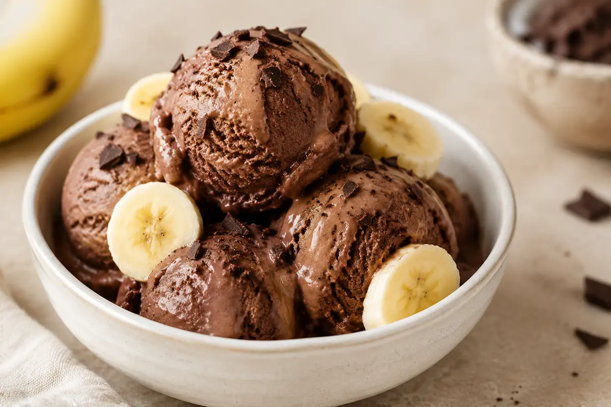 Glace banane cacao crémeuse servie en boules