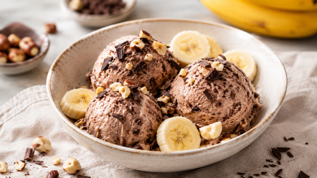 Glace banane cacao maison crémeuse avec copeaux de chocolat et noisettes