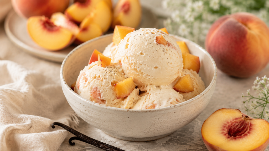 Glace pêche vanille maison crémeuse servie avec morceaux de pêche fraîche