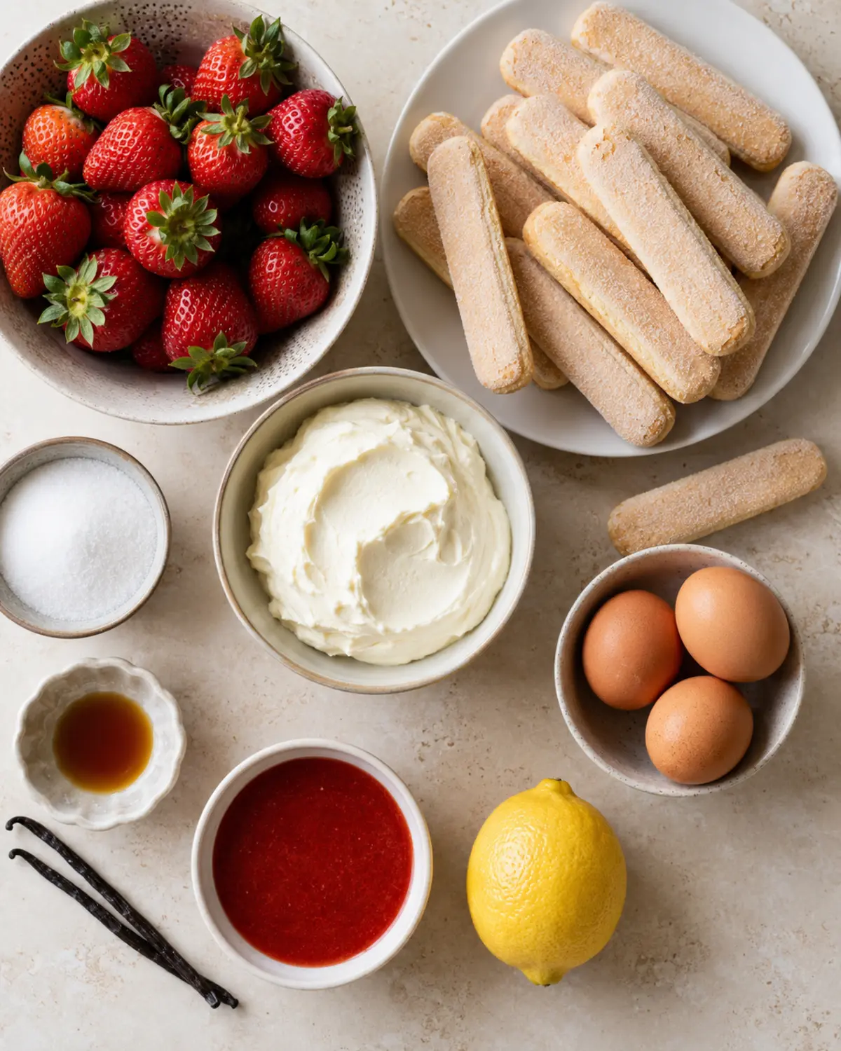 Ingrédients pour préparer une charlotte aux fraises façon tiramisu