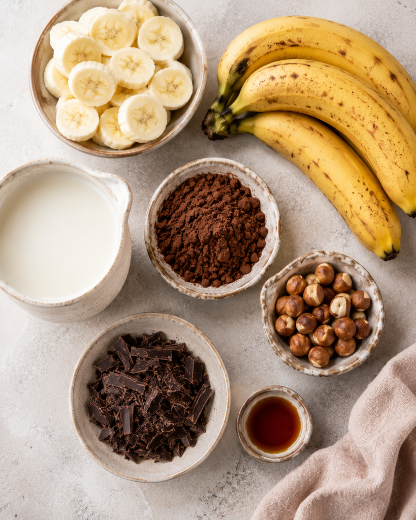 Ingrédients pour glace banane cacao avec bananes cacao lait vanille chocolat et noisettes
