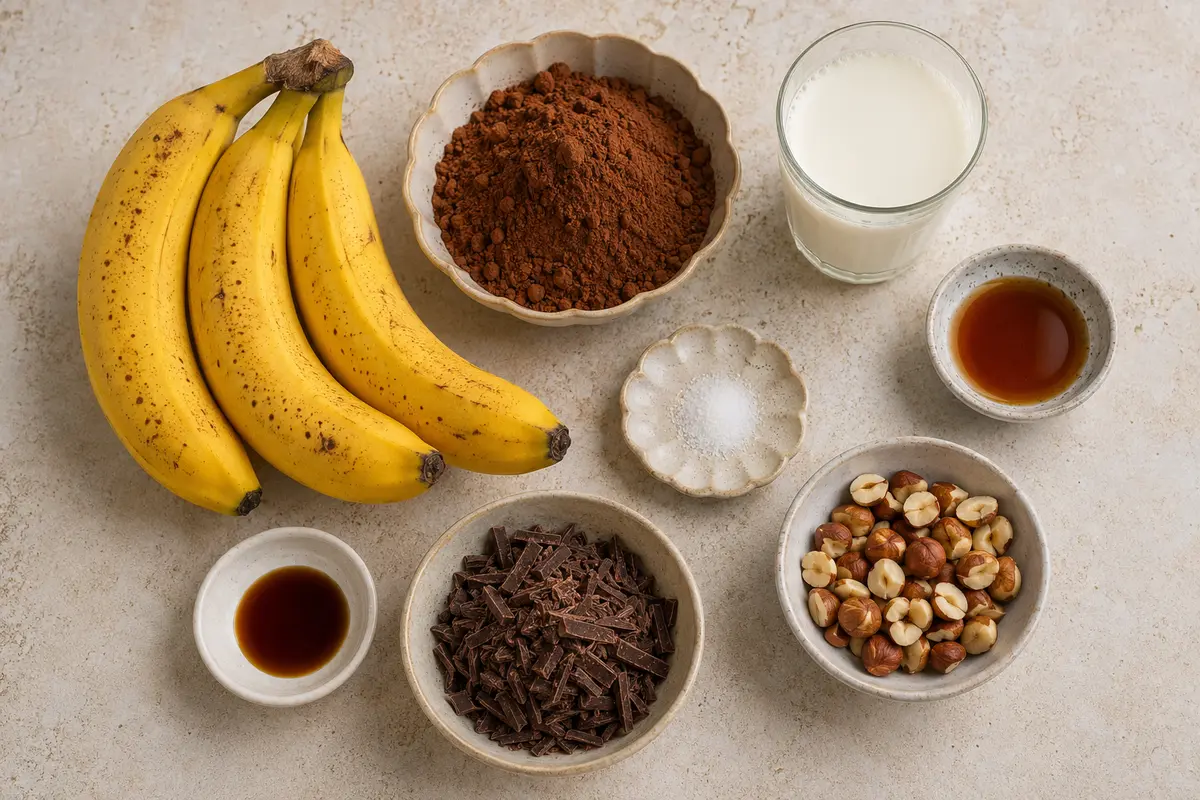 Ingrédients de la glace banane cacao avec bananes mûres et cacao non sucré