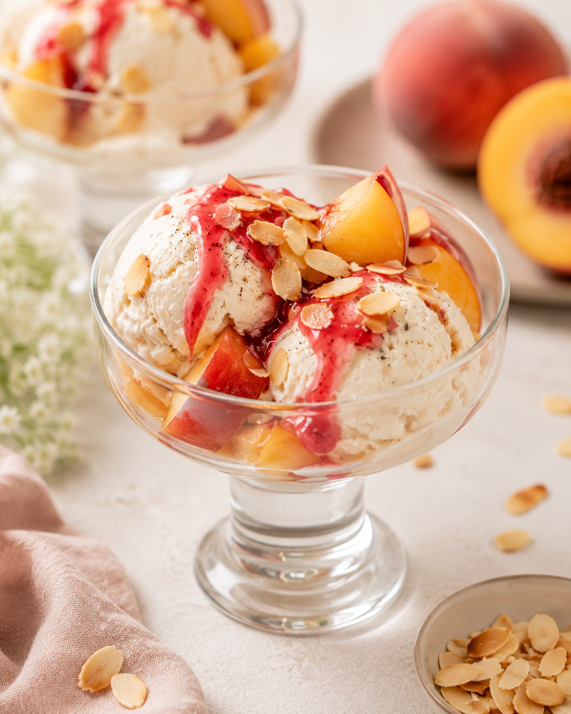 Coupe de glace pêche vanille maison avec pêches et coulis de framboise
