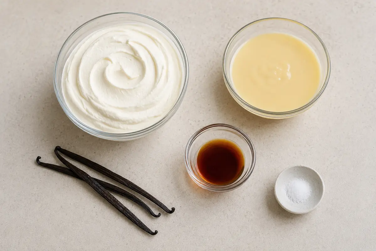 Ingrédients de la glace maison sans sorbetière à la vanille