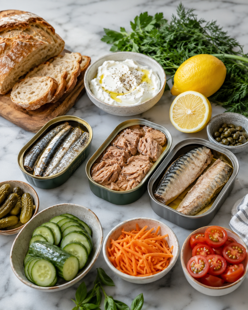 Ingrédients pour planche apéritif poisson en conserve