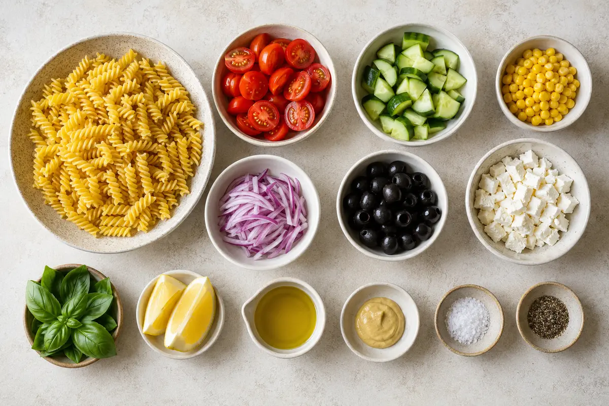 Ingrédients pour salade de pâtes froide avec légumes et feta
