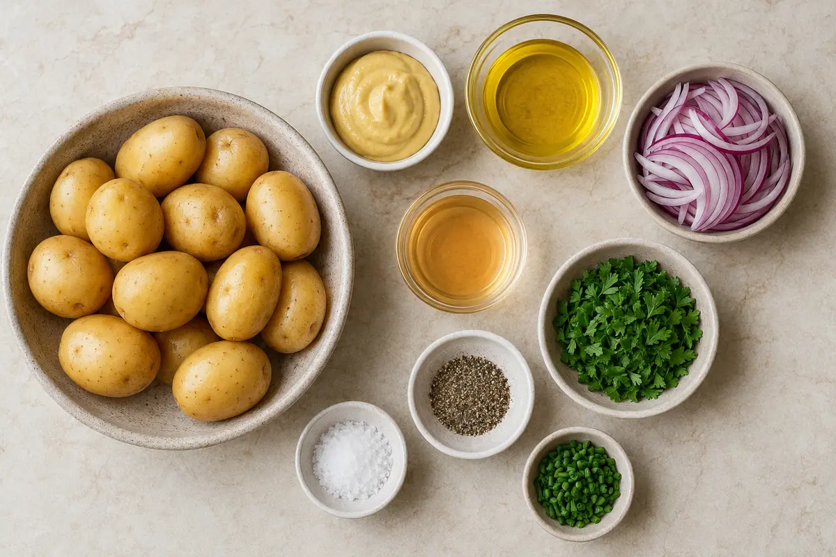 Ingrédients pour salade de pommes de terre facile avec moutarde et herbes