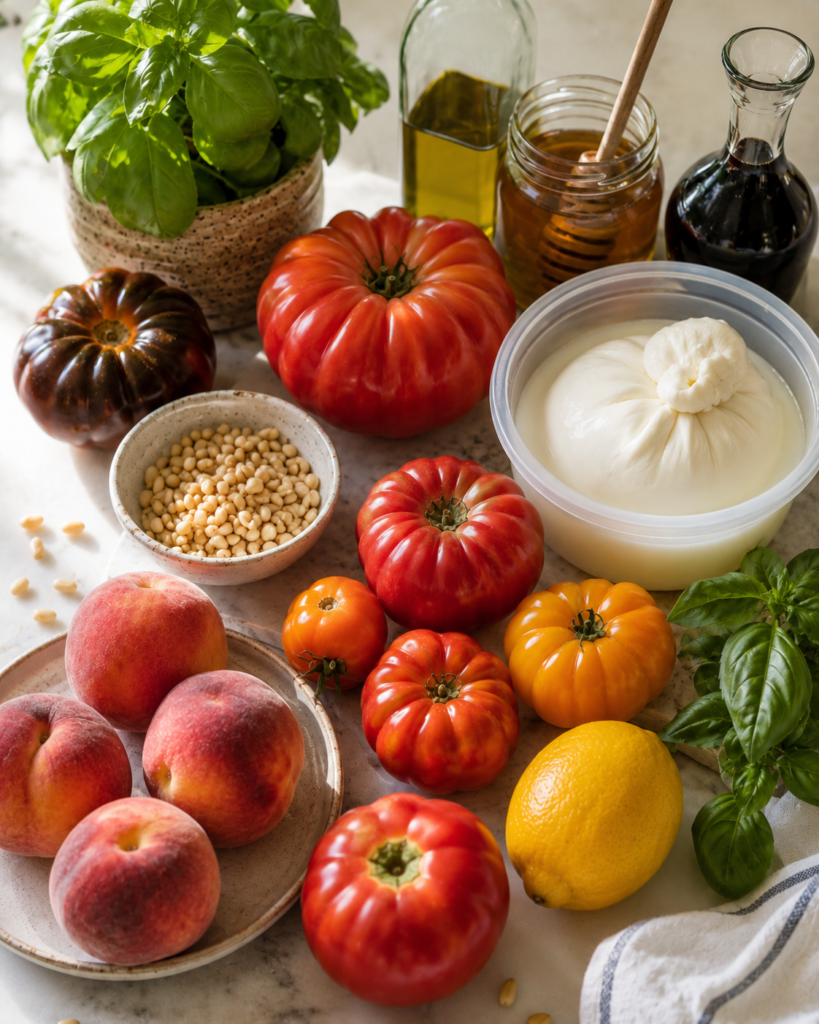 Ingrédients pour salade tomate burrata pêche