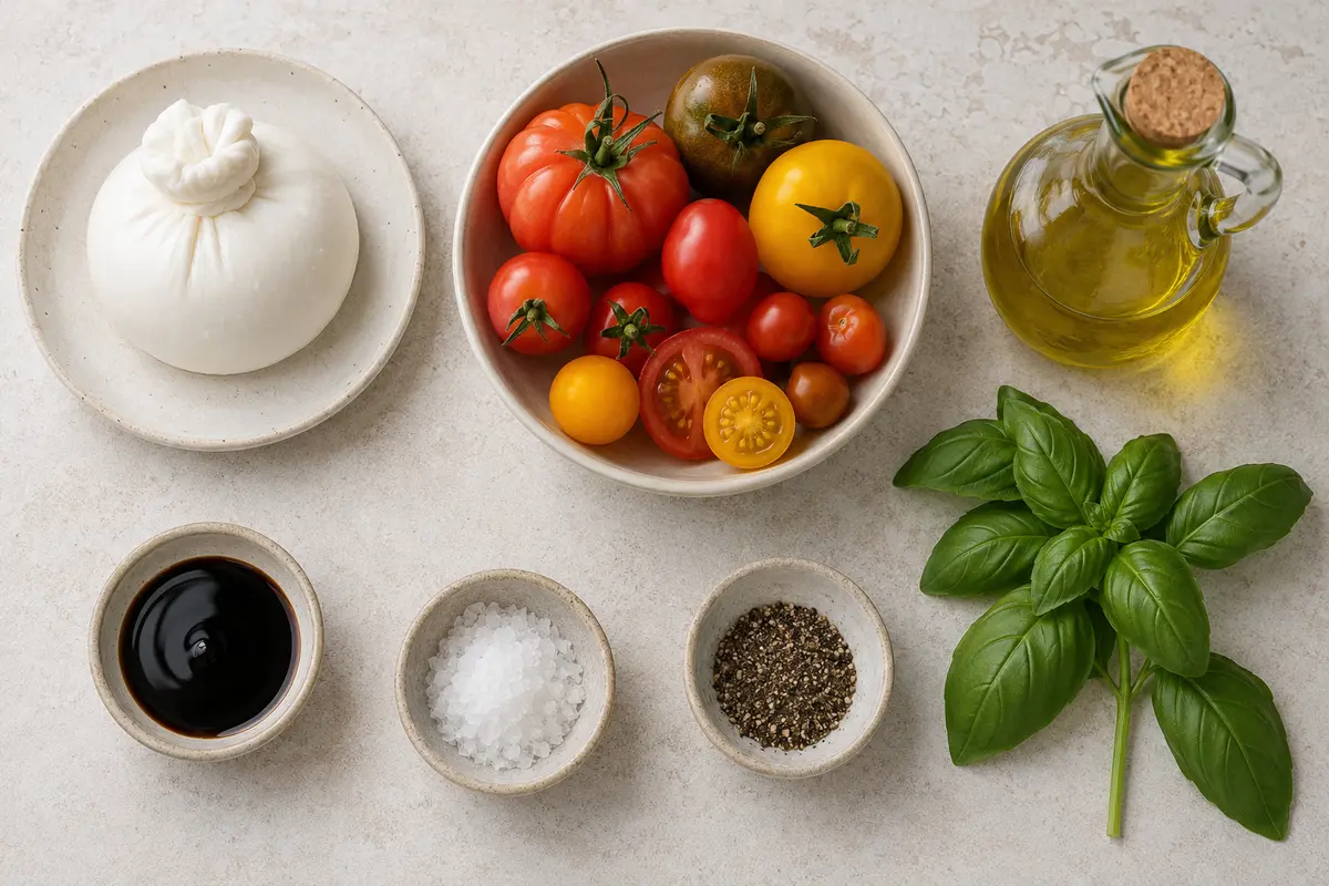 Ingrédients de la salade tomate burrata avec basilic et huile d’olive