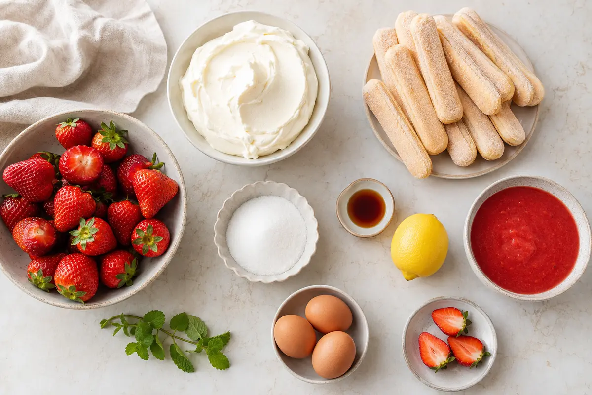 Ingrédients du tiramisu aux fraises avec mascarpone, biscuits et fraises