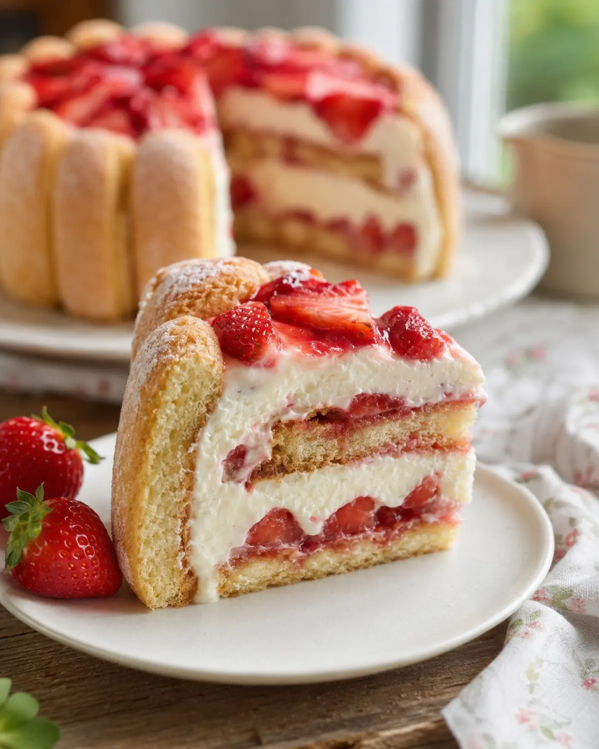 Part de charlotte aux fraises façon tiramisu montrant les couches