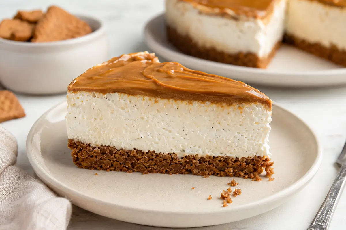 Part de cheesecake spéculoos, dessert sans cuisson facile