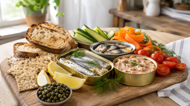 Image principale d’une planche apéritif poisson en conserve avec sardines, thon, maquereaux, légumes, pain grillé et citron.