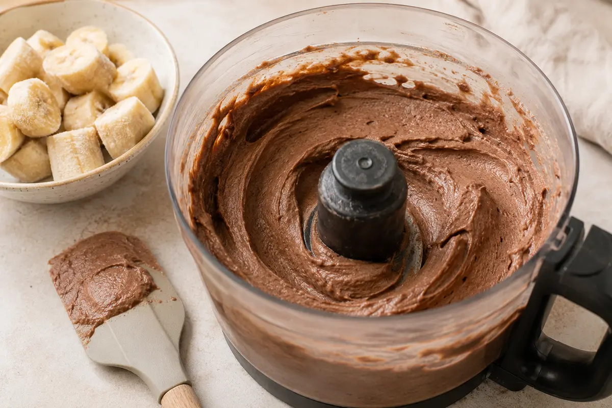 Bananes congelées mixées avec du cacao pour une glace crémeuse