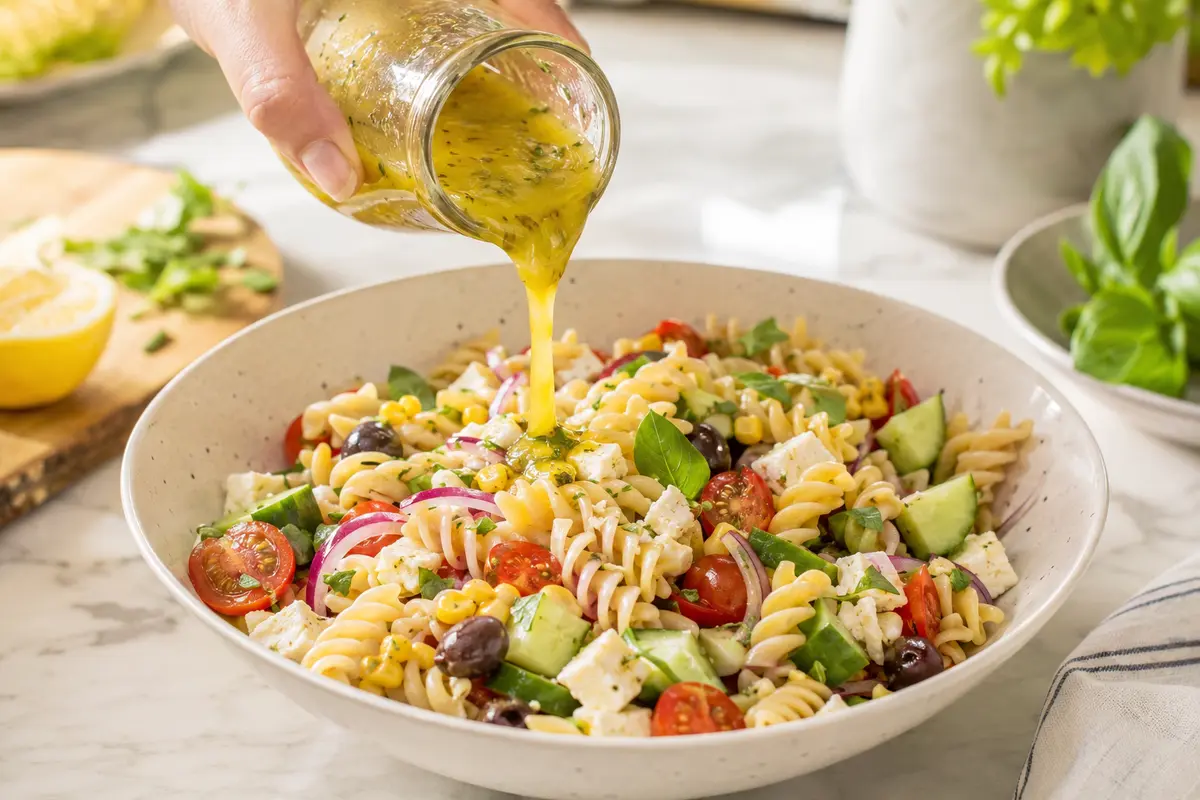 Préparation de la salade de pâtes froide avec vinaigrette citronnée