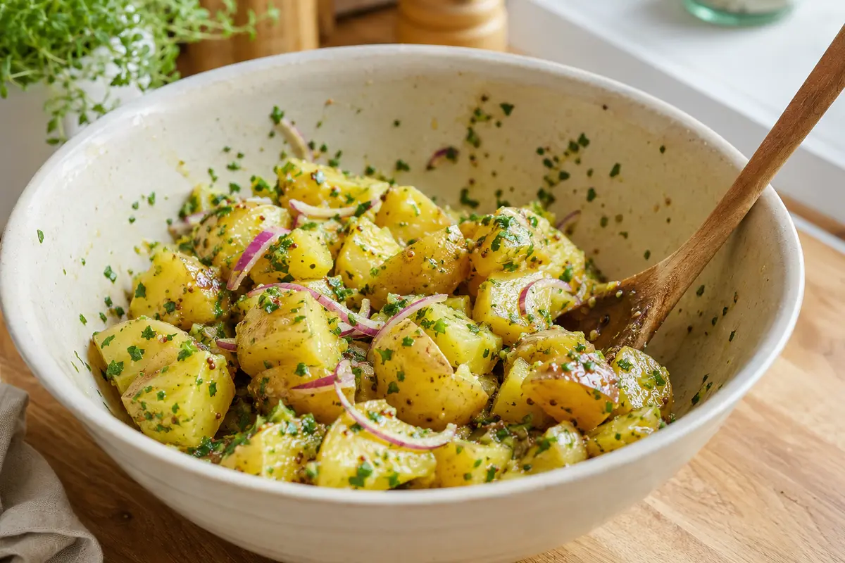 Pommes de terre tièdes mélangées avec vinaigrette moutardée et herbes