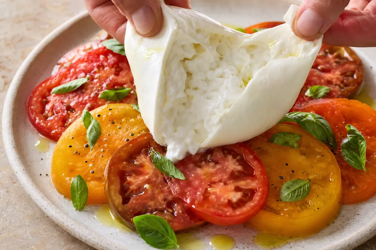 Burrata crémeuse ouverte sur des tomates assaisonnées