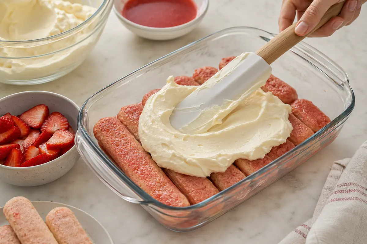 Montage du tiramisu aux fraises avec biscuits imbibés et crème mascarpone