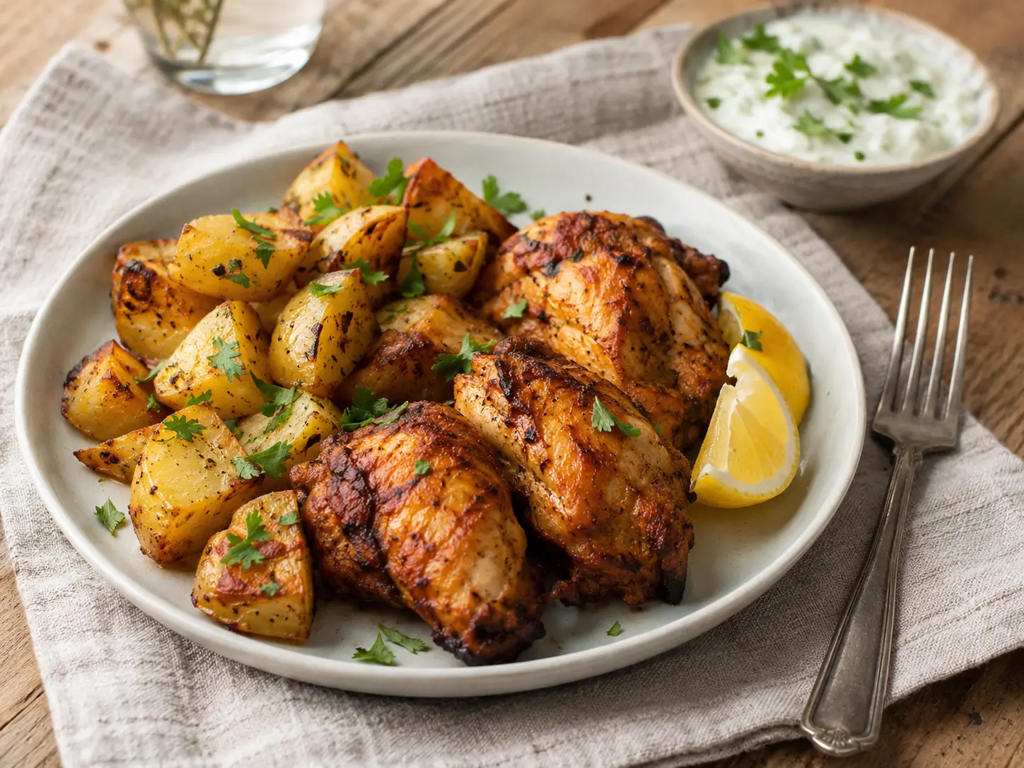 Assiette de poulet juteux et pommes de terre croustillantes Air Fryer