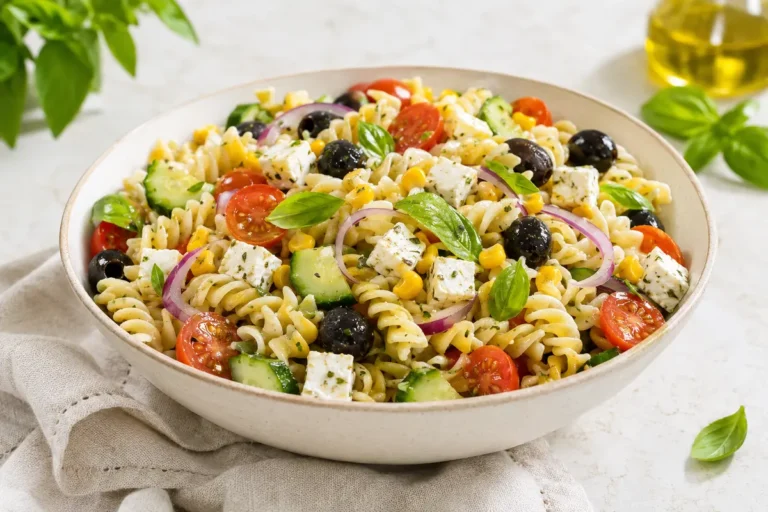 Salade de pâtes froide colorée aux légumes et à la feta