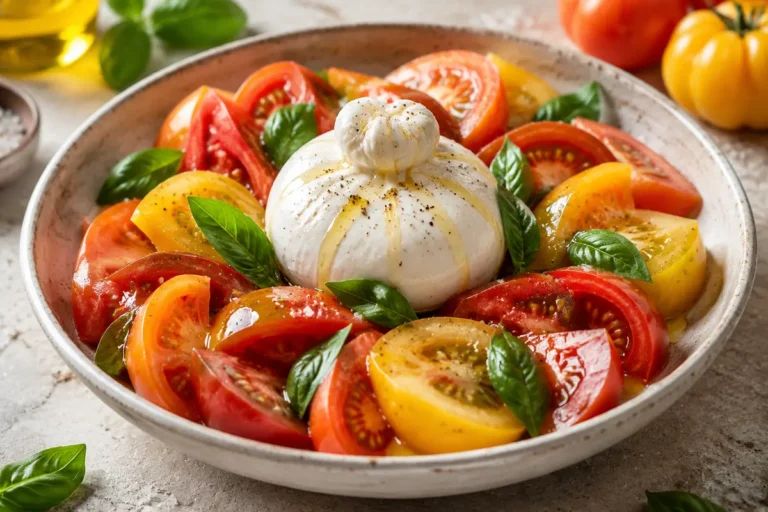Salade tomate burrata facile avec basilic et tomates anciennes