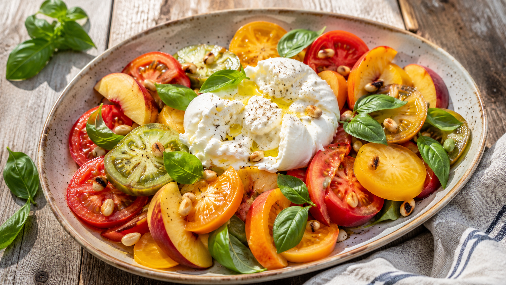 Salade tomate burrata pêche fraîche et facile