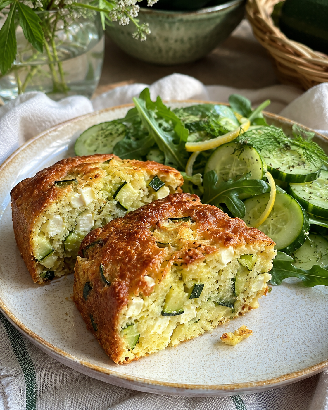 Tranches de cake salé courgette feta servies avec salade fraîche
