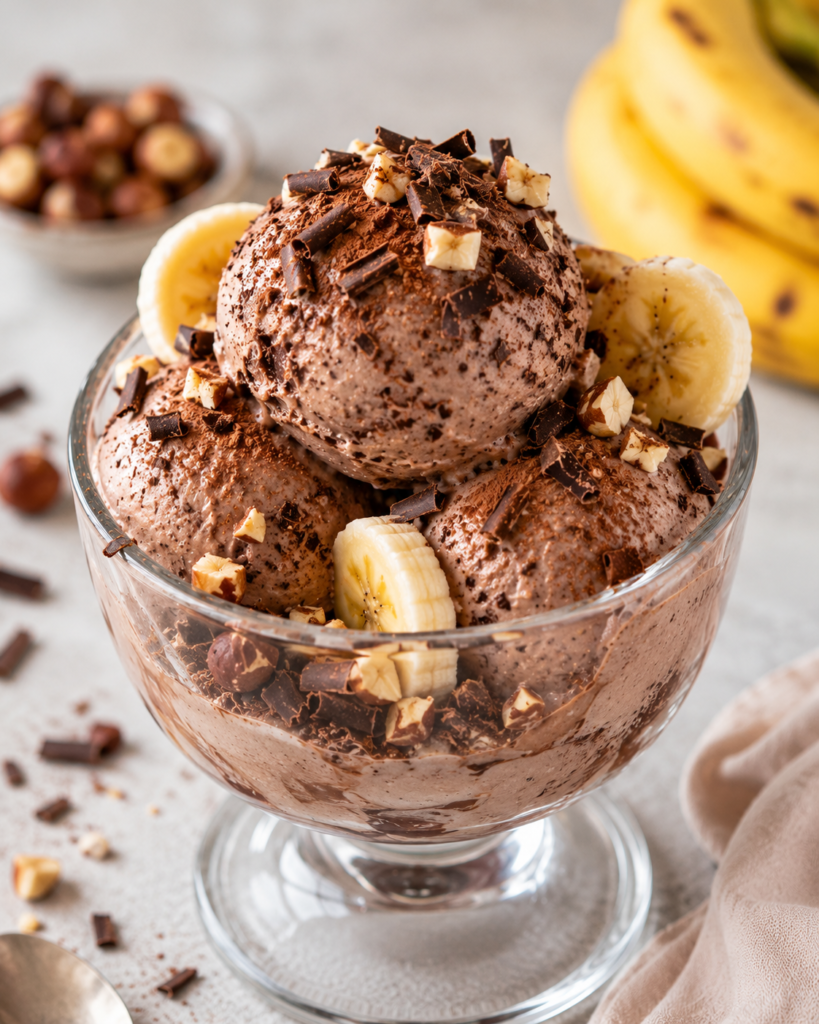 Coupe de glace banane cacao maison avec chocolat et rondelles de banane