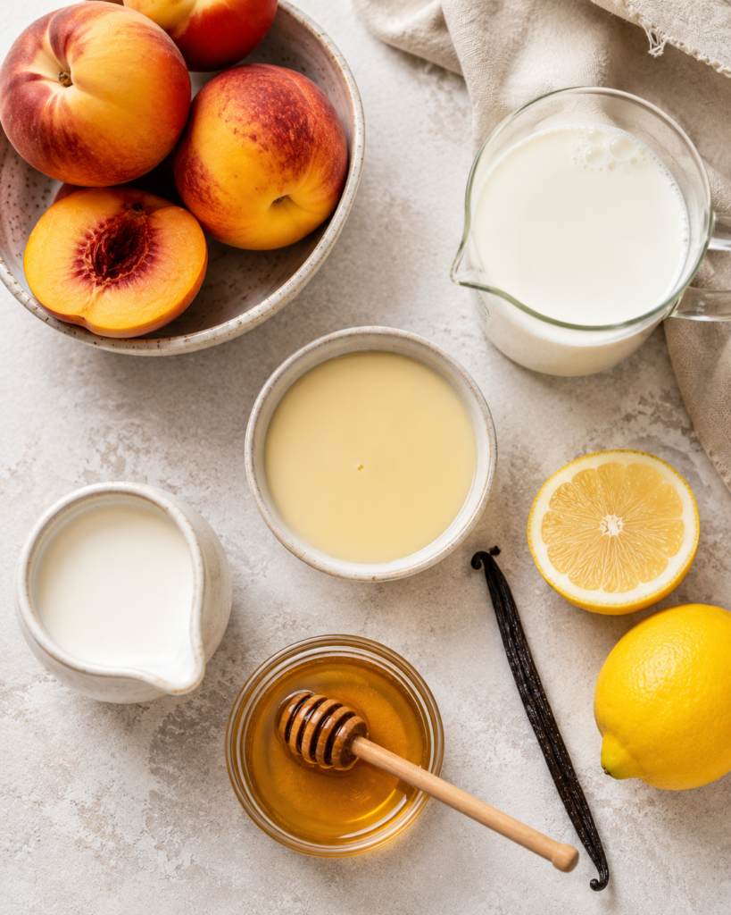 Ingrédients pour glace pêche vanille avec pêches crème lait concentré vanille et citron
