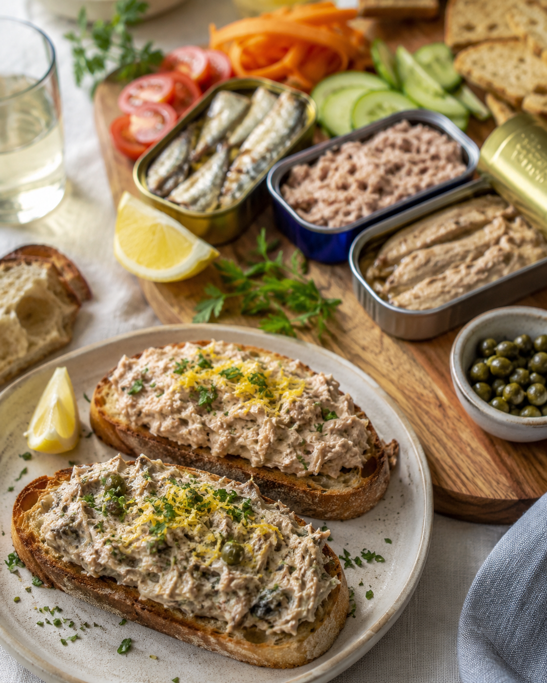 Planche apéritif poisson en conserve avec sardines, thon, maquereaux, légumes croquants et pain grillé