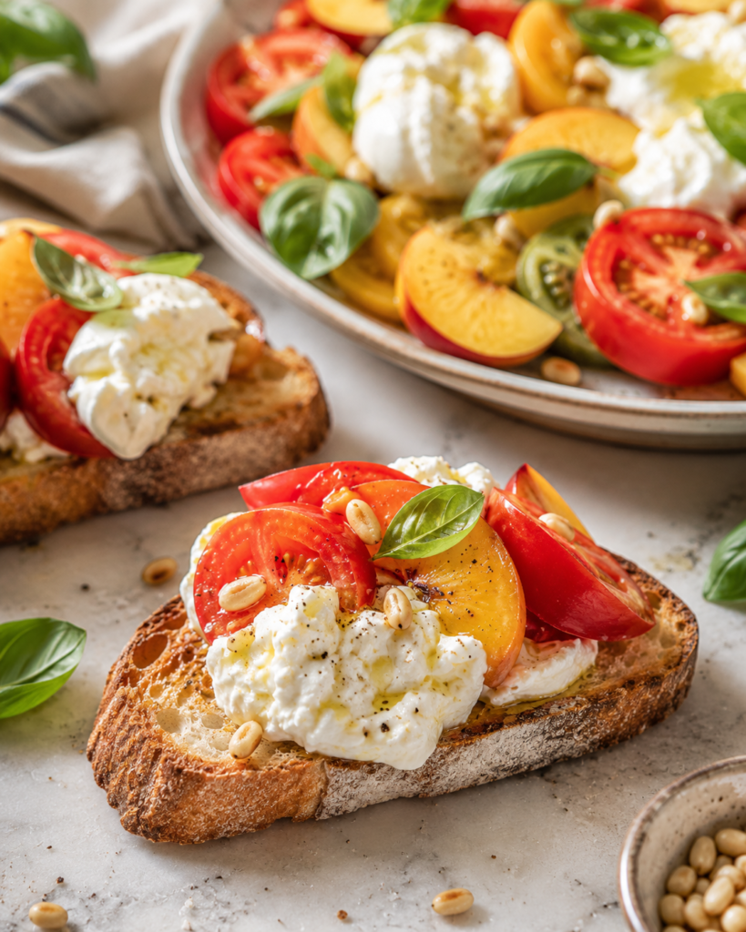 Salade tomate burrata pêche servie avec pain grillé