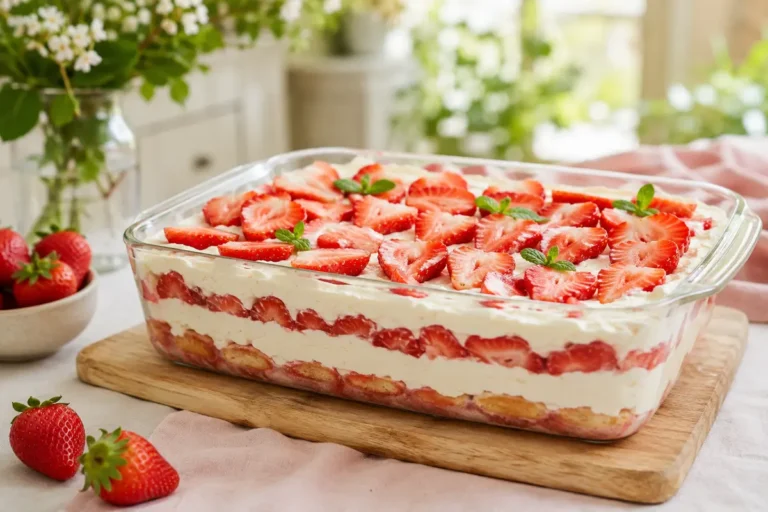 Tiramisu aux fraises crémeux dans un plat familial
