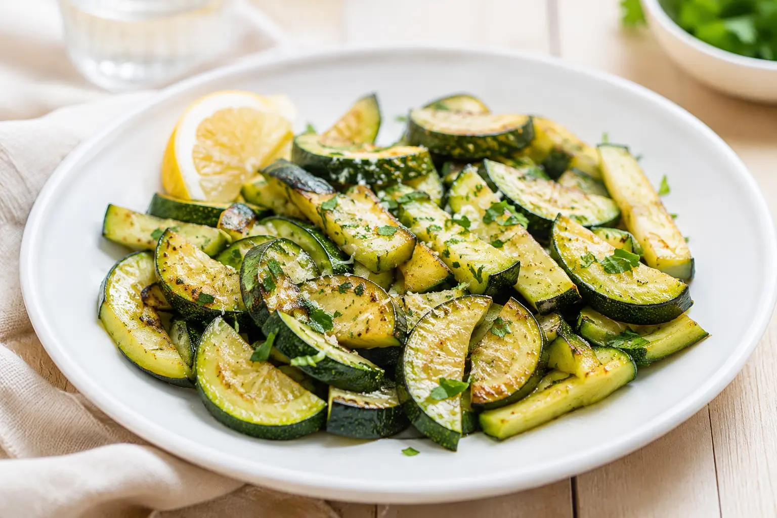 Assiette de courgettes Air Fryer dorées avec persil et citron