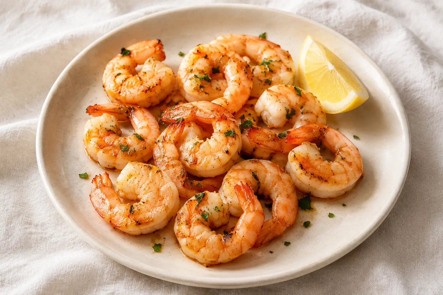 Crevettes air fryer servies avec citron et persil