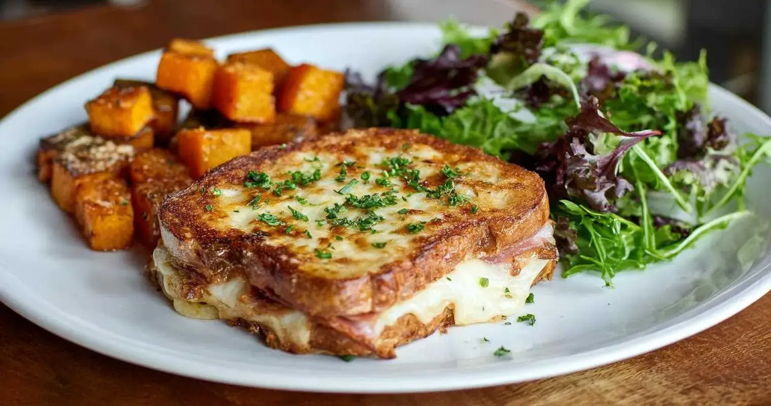 Croque monsieur au four servi avec salade