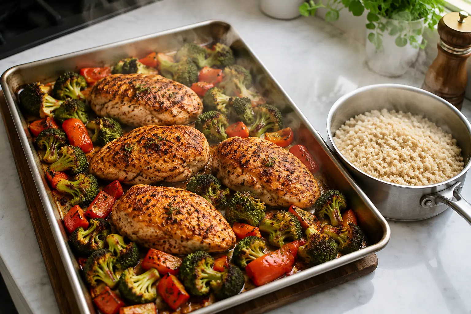 Cuisson du poulet quinoa et légumes pour meal prep