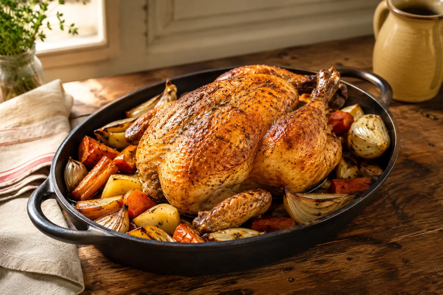 Cuisson poulet entier au four doré avec légumes rôtis