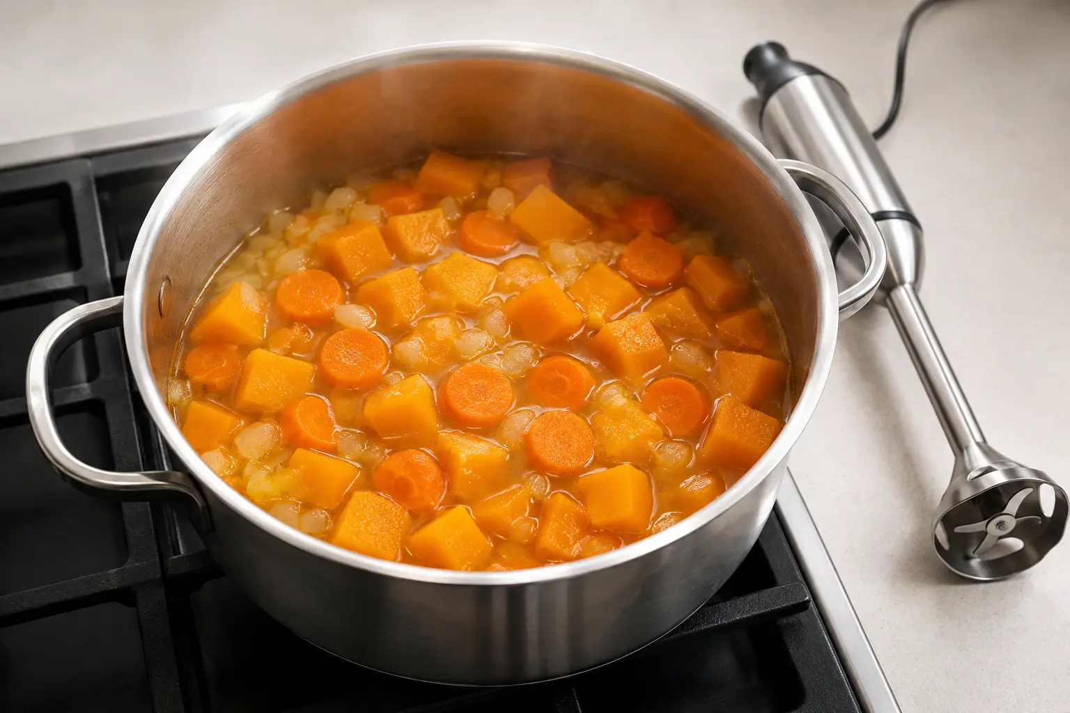Cuisson de la soupe butternut carotte en casserole