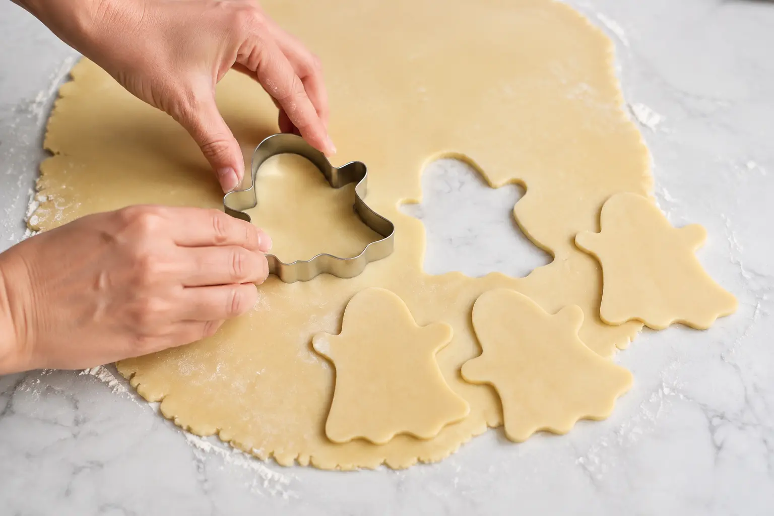 Découpe de biscuits fantômes dans la pâte sablée