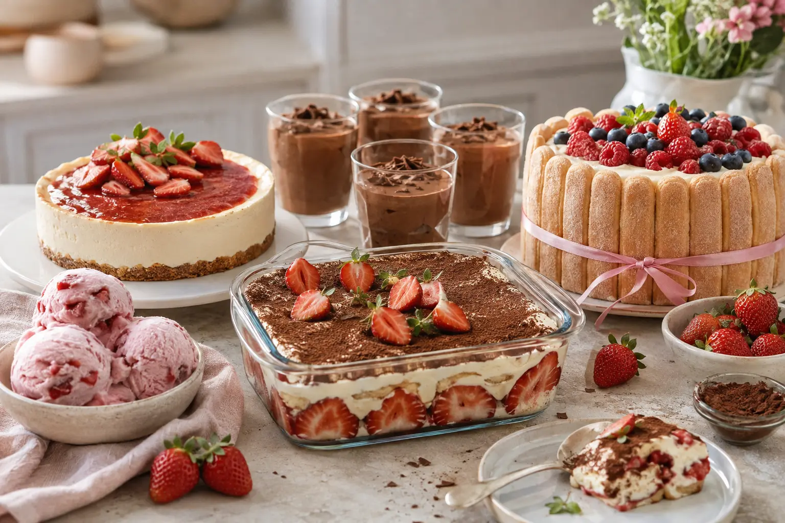 Desserts faciles sans cuisson avec tiramisu, cheesecake, charlotte, mousses et glaces