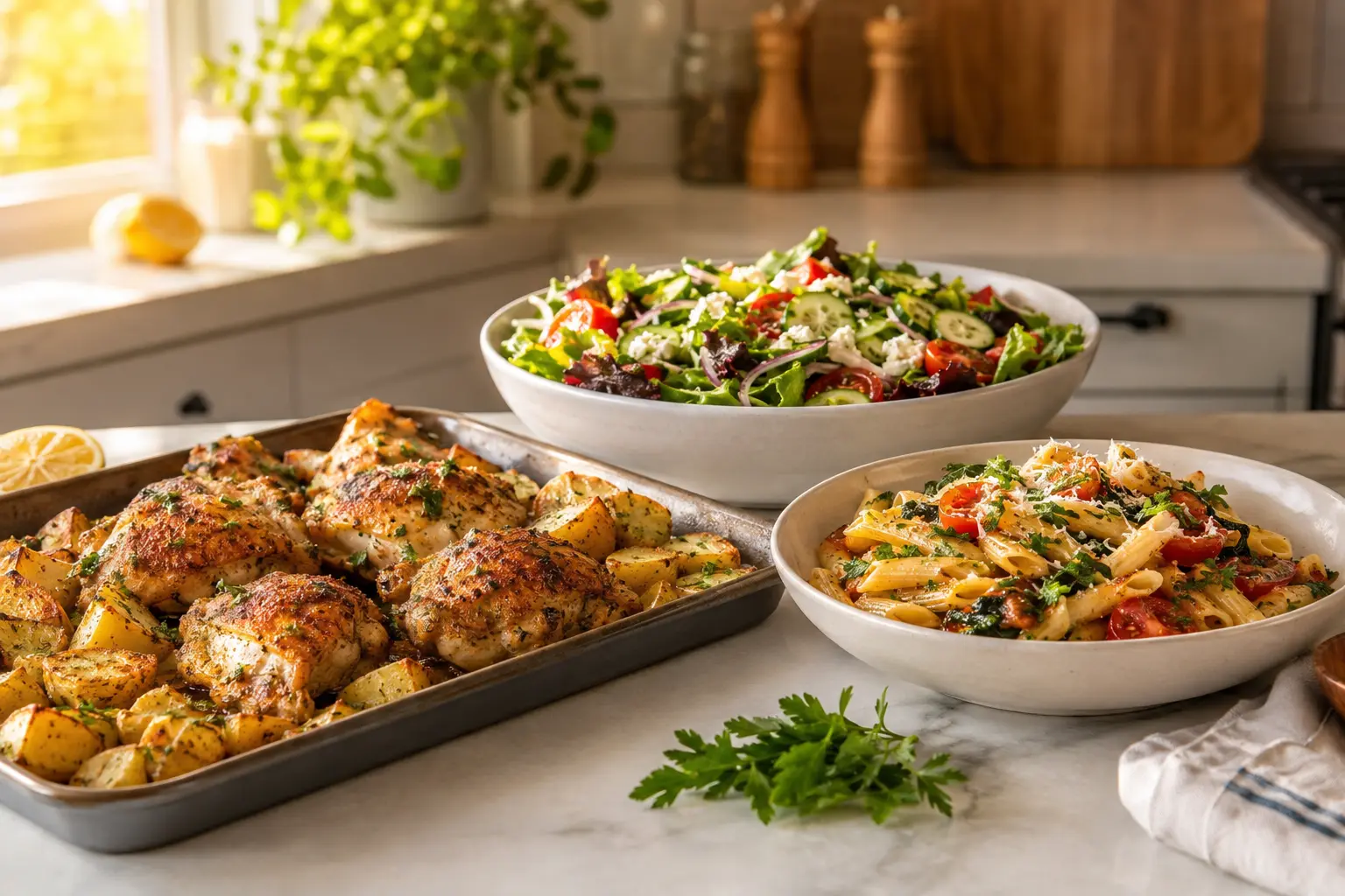 Dîner facile avec poulet et pommes de terre, pâtes et salade complète