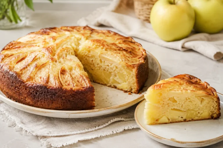 Gâteau aux pommes moelleux et ultra rapide doré et découpé