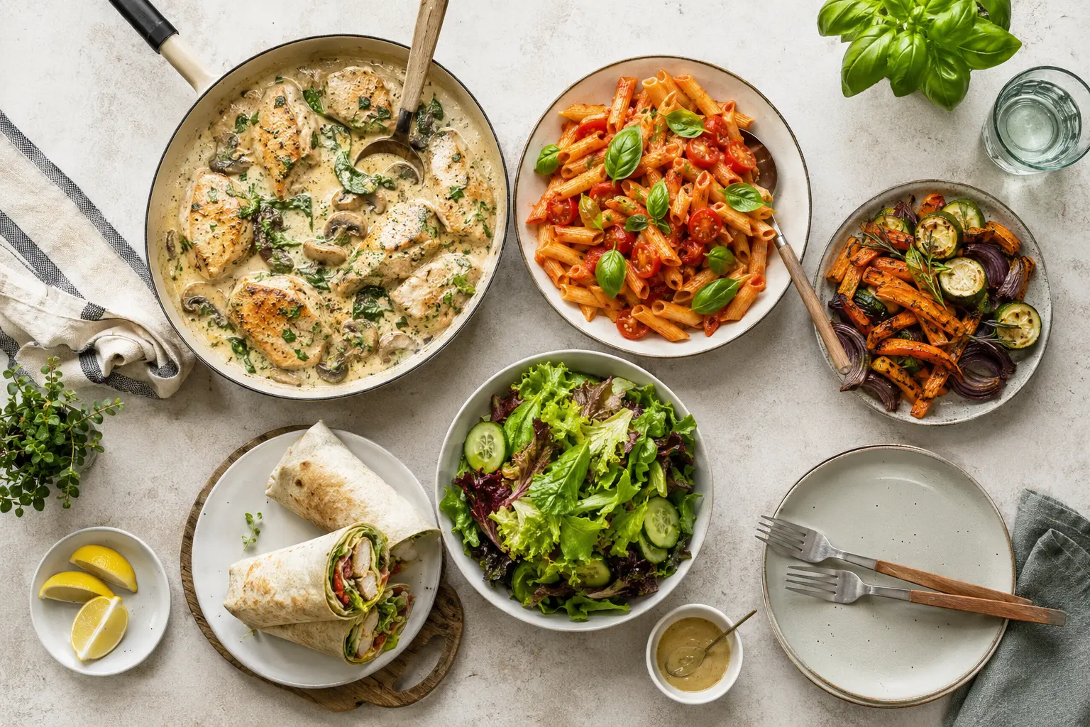 Idées de repas du soir rapides avec poulet, pâtes, salade et wraps